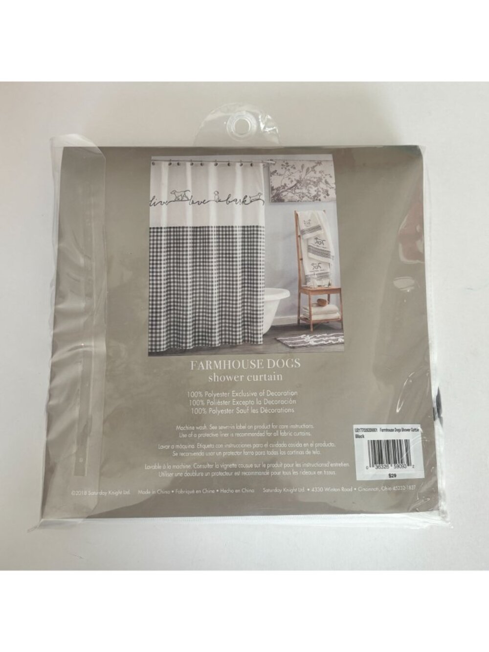 SKL Home Shower Curtain Farmhouse Dogs Black White Gingham 72x 72 Bathroom Decor - Picture 9 of 13